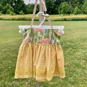 Matilda Jane: floral over geometric halter top in gold, green & pink.  Size 4.